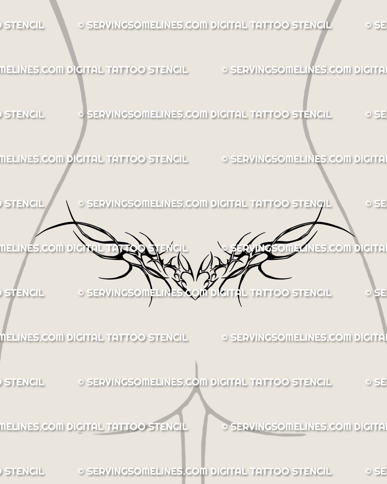 Lower back thorn heart wings tattoo stencil, elegant neotribal gothic tramp stamp design with ornamental vine lines and feminine flow.