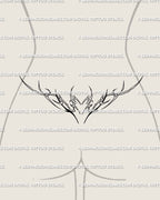 Lower back tramp stamp heart tattoo stencil, minimalist neotribal fine line design with soft curves and subtle spikes for a classy look.