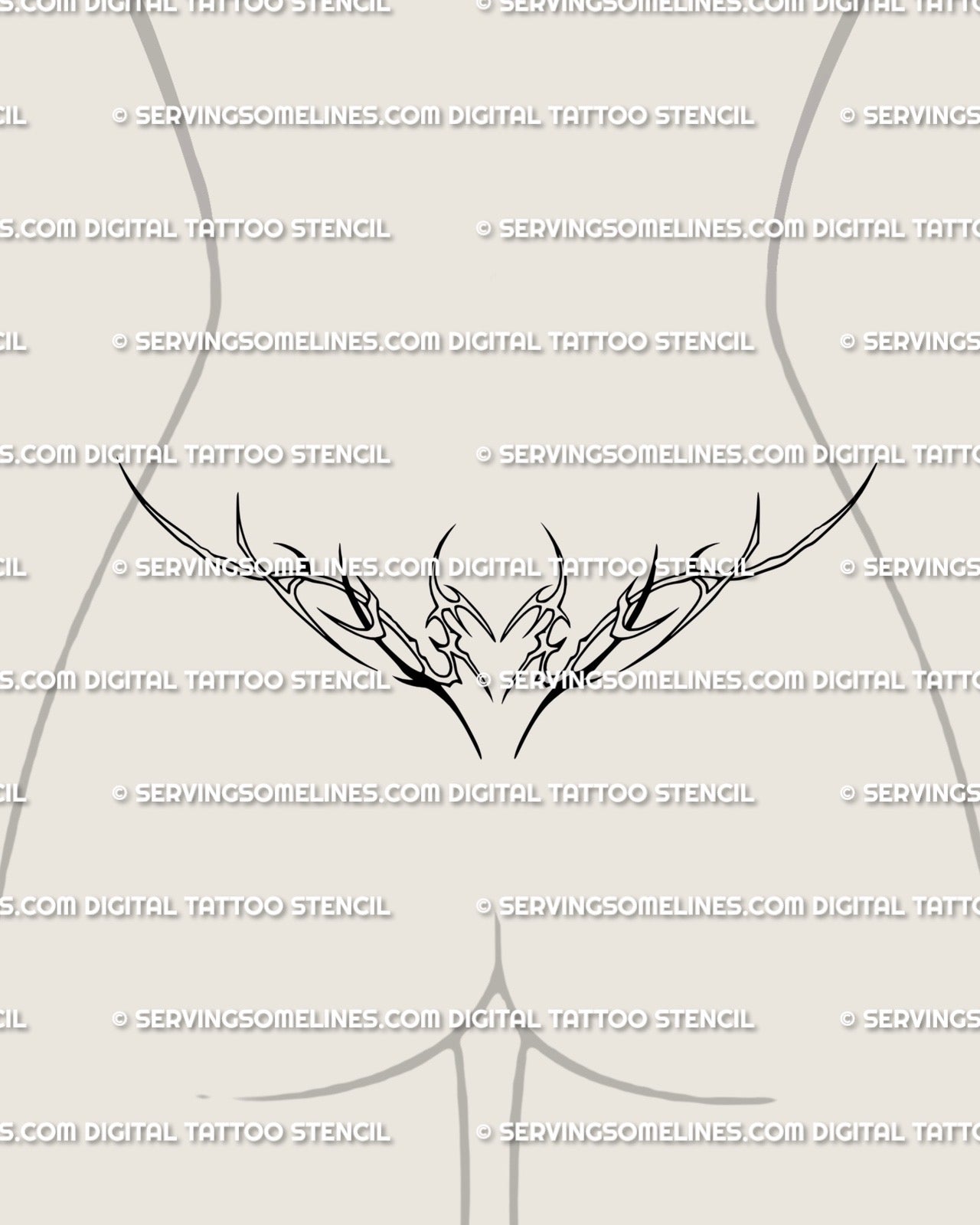 Lower back tramp stamp heart tattoo stencil, minimalist neotribal fine line design with soft curves and subtle spikes for a classy look.