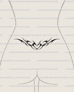 Lower back tramp stamp preview of gothic tribal heart tattoo, cybersigil flame lines forming symmetrical Y2K blackwork centerpiece.
