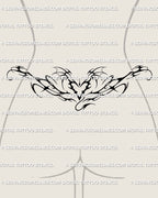 lower back wrap featuring a flowing fire heart motif with wide curved lines designed to follow the waistline and create a smooth bold ornamental accent
