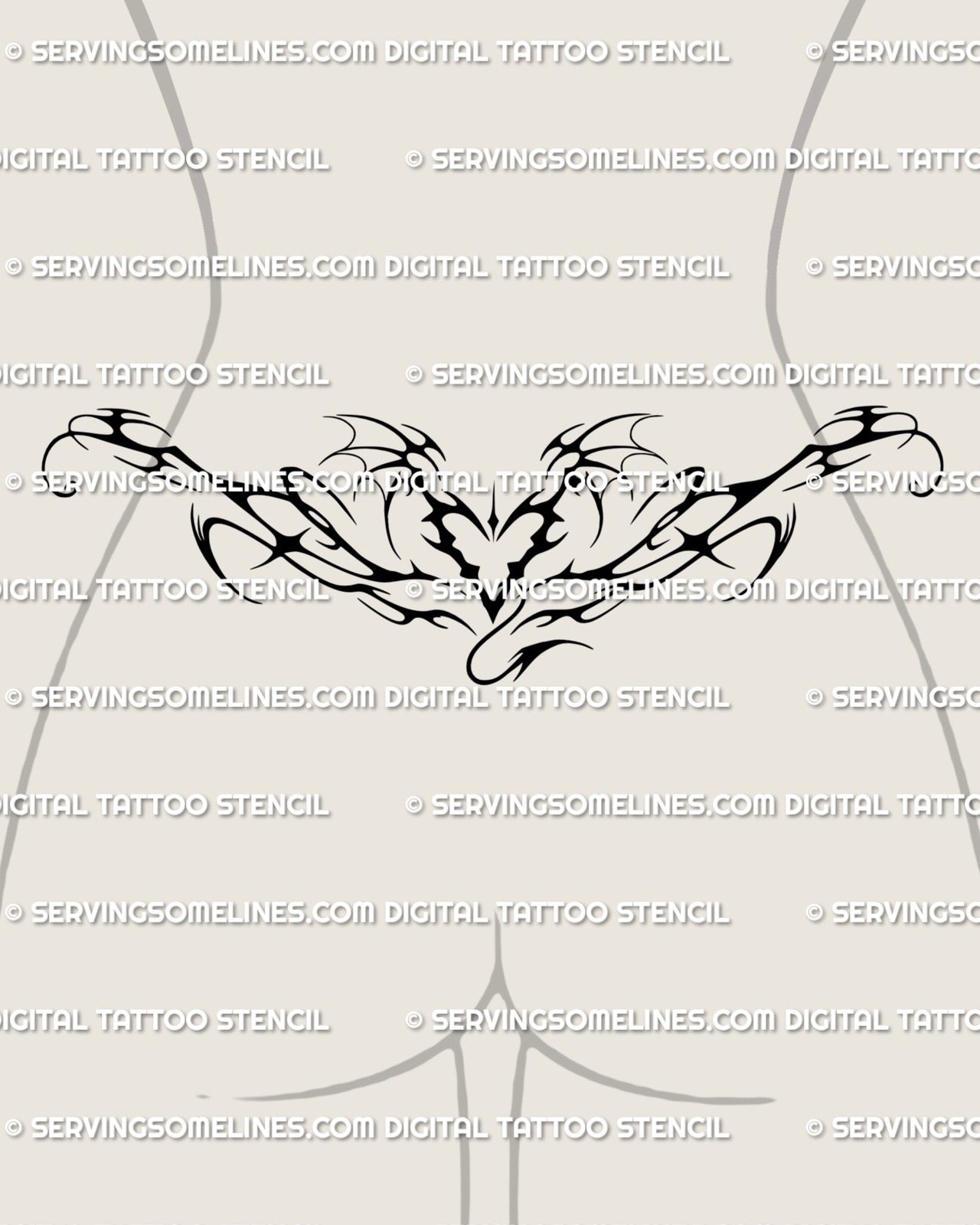 lower back wrap featuring a flowing fire heart motif with wide curved lines designed to follow the waistline and create a smooth bold ornamental accent
