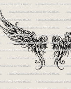 Close detail of a lower back wings tattoo stencil showing mirrored feather structure and ornamental inner lines