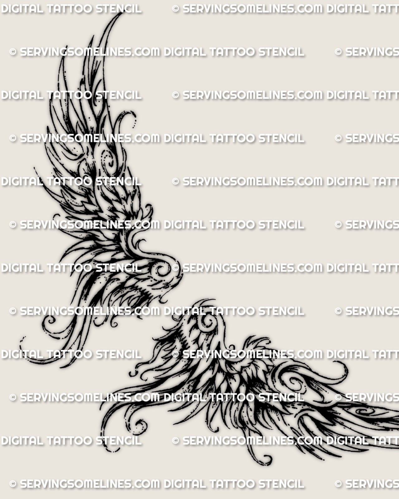 Lower back wings tattoo stencil design download with mirrored feather detail and an ornamental waist-fitting shape