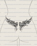 Women’s lower back preview of a wings tattoo stencil with a mirrored feathered spread and open center