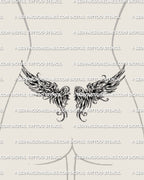 Women’s lower back preview of a wings tattoo stencil with a mirrored feathered spread and open center