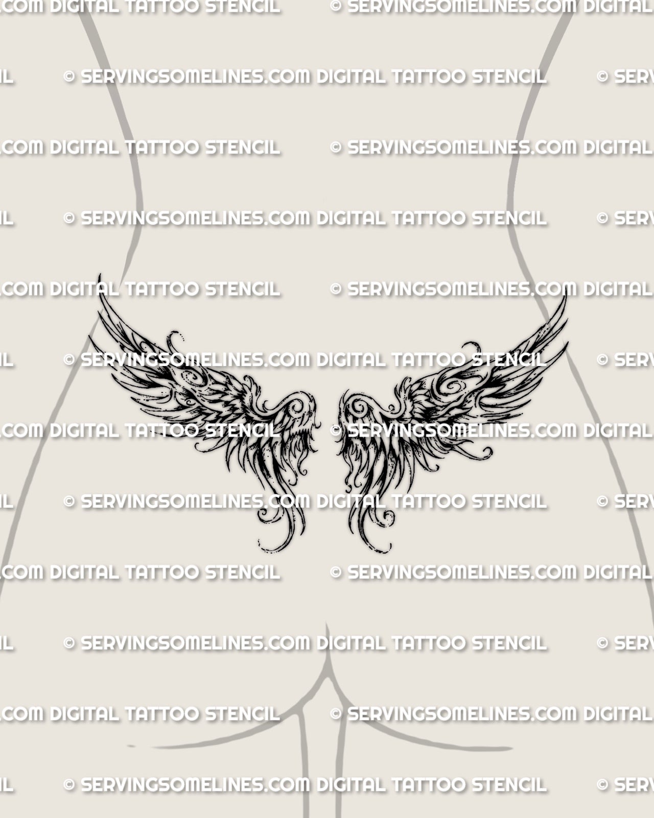 Women’s lower back preview of a wings tattoo stencil with a mirrored feathered spread and open center