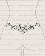 lower back wrap mockup featuring a feminine y2k flame heart tattoo with soft gothic stars and flowing neotribal fire shapes