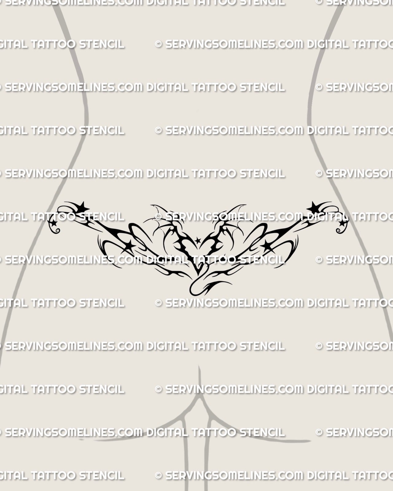lower back wrap mockup featuring a feminine y2k flame heart tattoo with soft gothic stars and flowing neotribal fire shapes