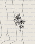 Lower leg tattoo design featuring cybertribal rose with thorned gothic details, abstract cybersigilism flower stencil.