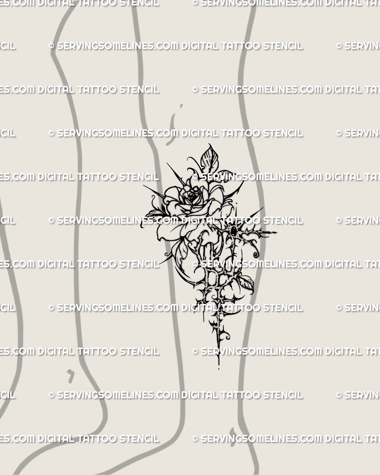 Lower leg tattoo design featuring cybertribal rose with thorned gothic details, abstract cybersigilism flower stencil.