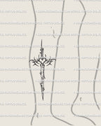 Lower leg placement of dagger cross tattoo stencil, minimalist cybersigil sword cross design with sharp neotribal energy. 