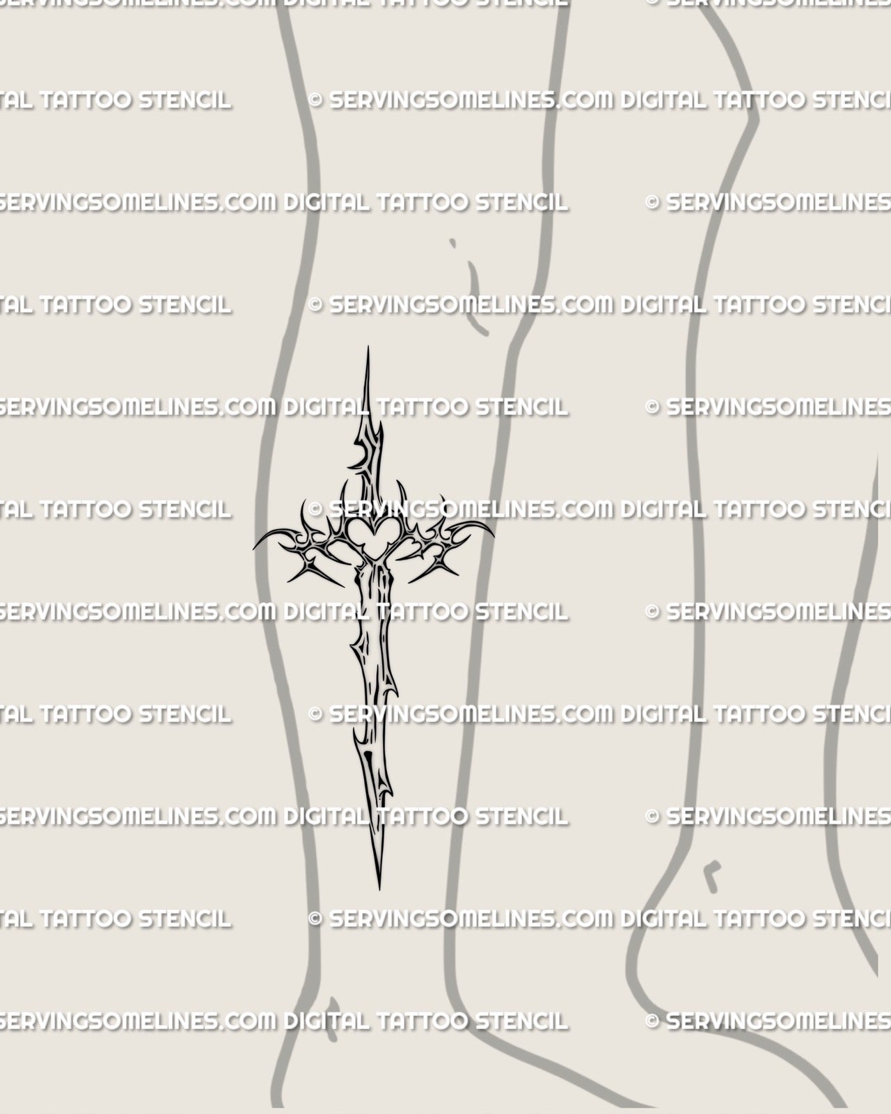 Lower leg placement of dagger cross tattoo stencil, minimalist cybersigil sword cross design with sharp neotribal energy. 