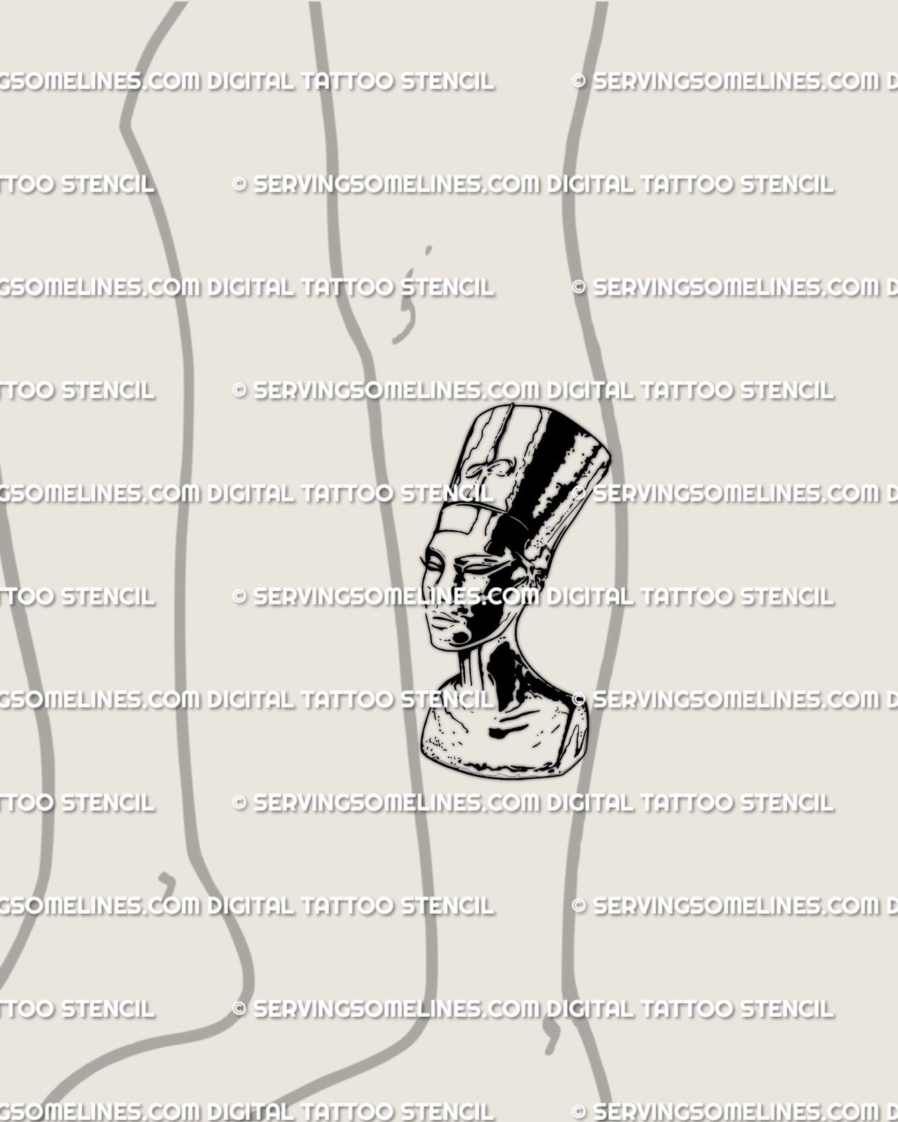 Lower leg gothic tattoo stencil of Nefertiti Egyptian queen, minimal blackwork lineart with sacred statue aesthetic, digital download design