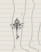 Gothic ornamental key tattoo stencil shown on lower leg placement, with elongated wings and royal gothic detailing for vertical flow.
