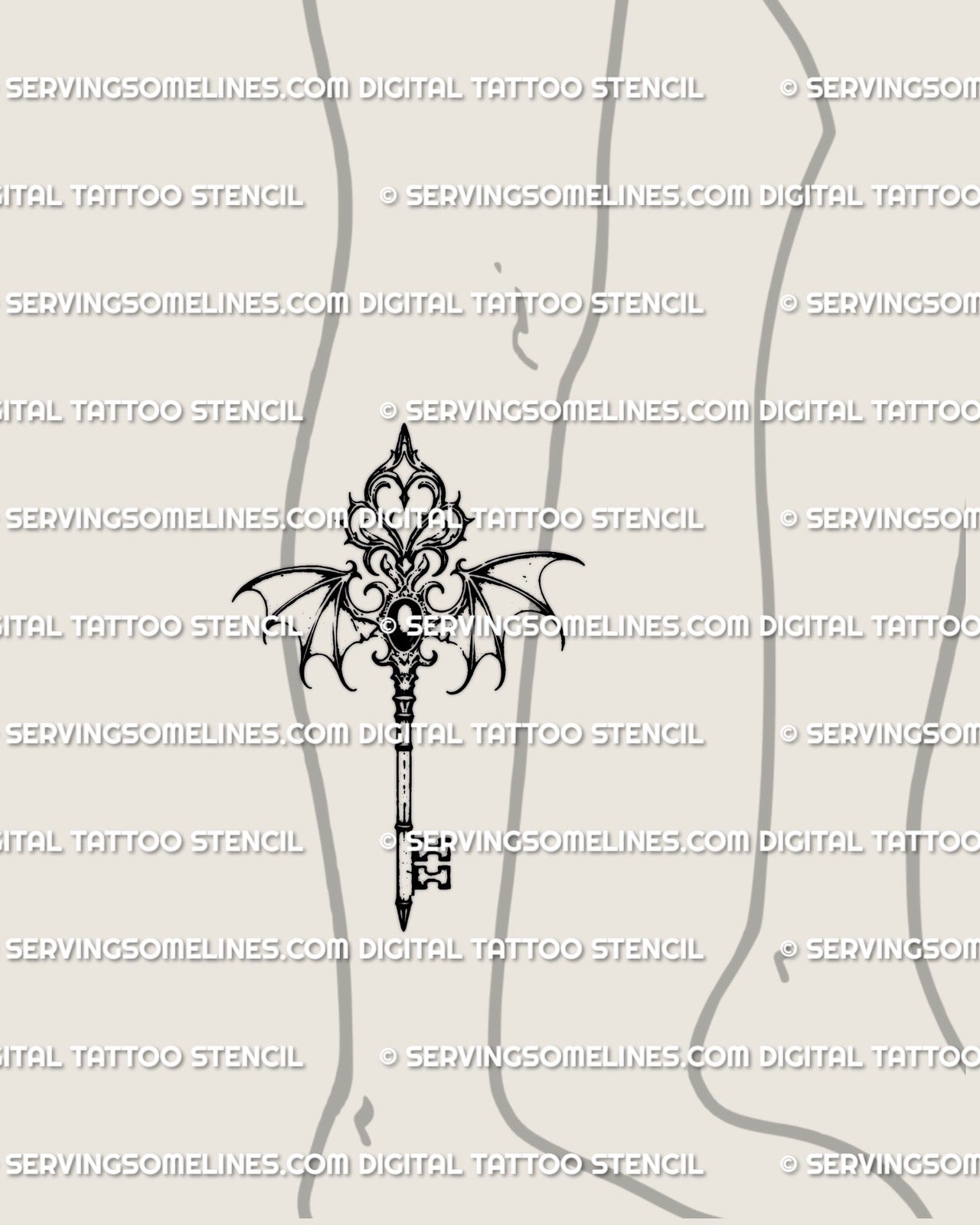 Gothic ornamental key tattoo stencil shown on lower leg placement, with elongated wings and royal gothic detailing for vertical flow.
