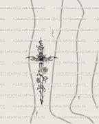 lower leg placement showing rose sword tattoo with gemstone cyber handle and thorn vines, gothic dagger design for calf or shin tattoo ideas
