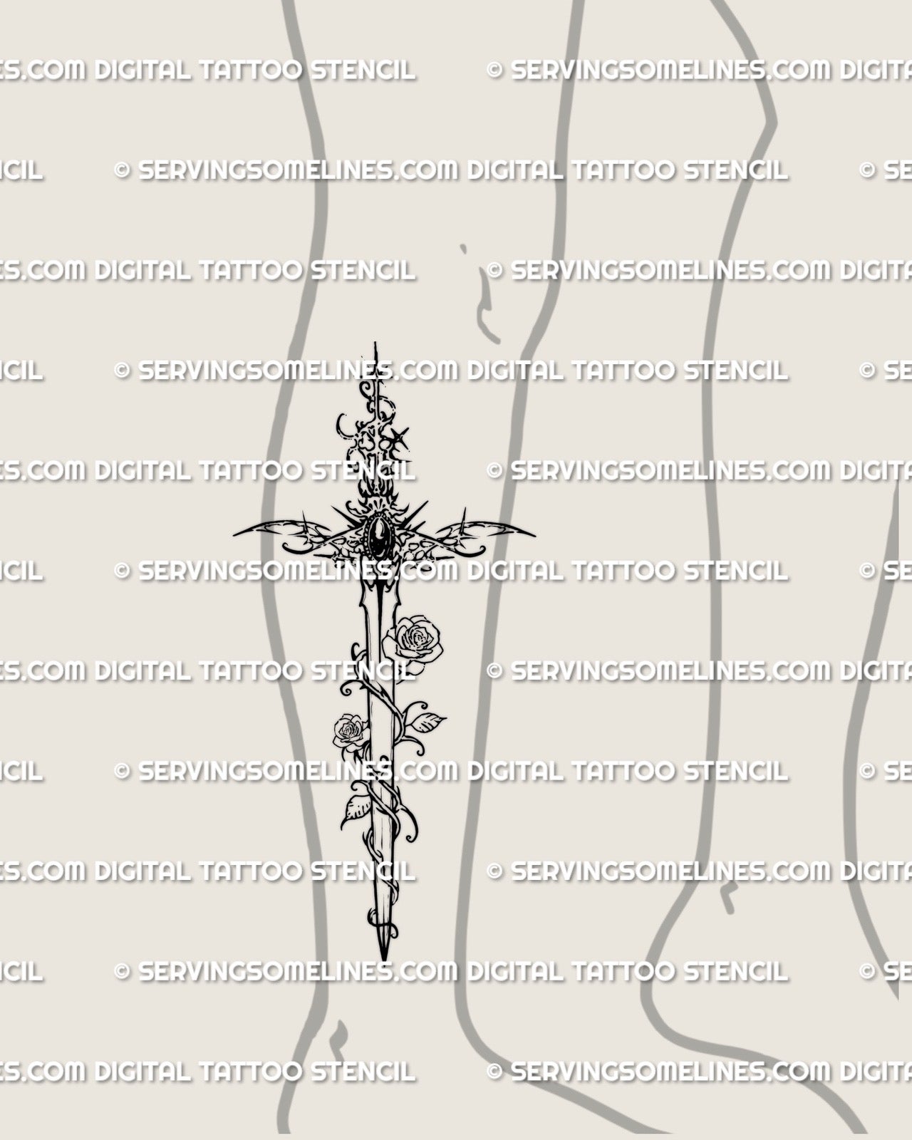 lower leg placement showing rose sword tattoo with gemstone cyber handle and thorn vines, gothic dagger design for calf or shin tattoo ideas
