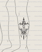 Lower leg display of digital warrior sword tattoo stencil with sharp butterfly wings, cool gothic protective linework for tattoo artists. 