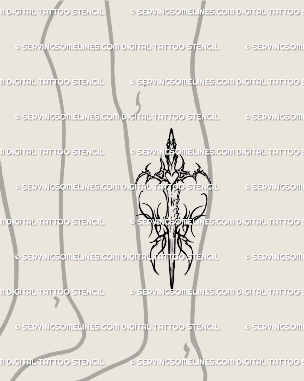 Lower leg display of digital warrior sword tattoo stencil with sharp butterfly wings, cool gothic protective linework for tattoo artists. 