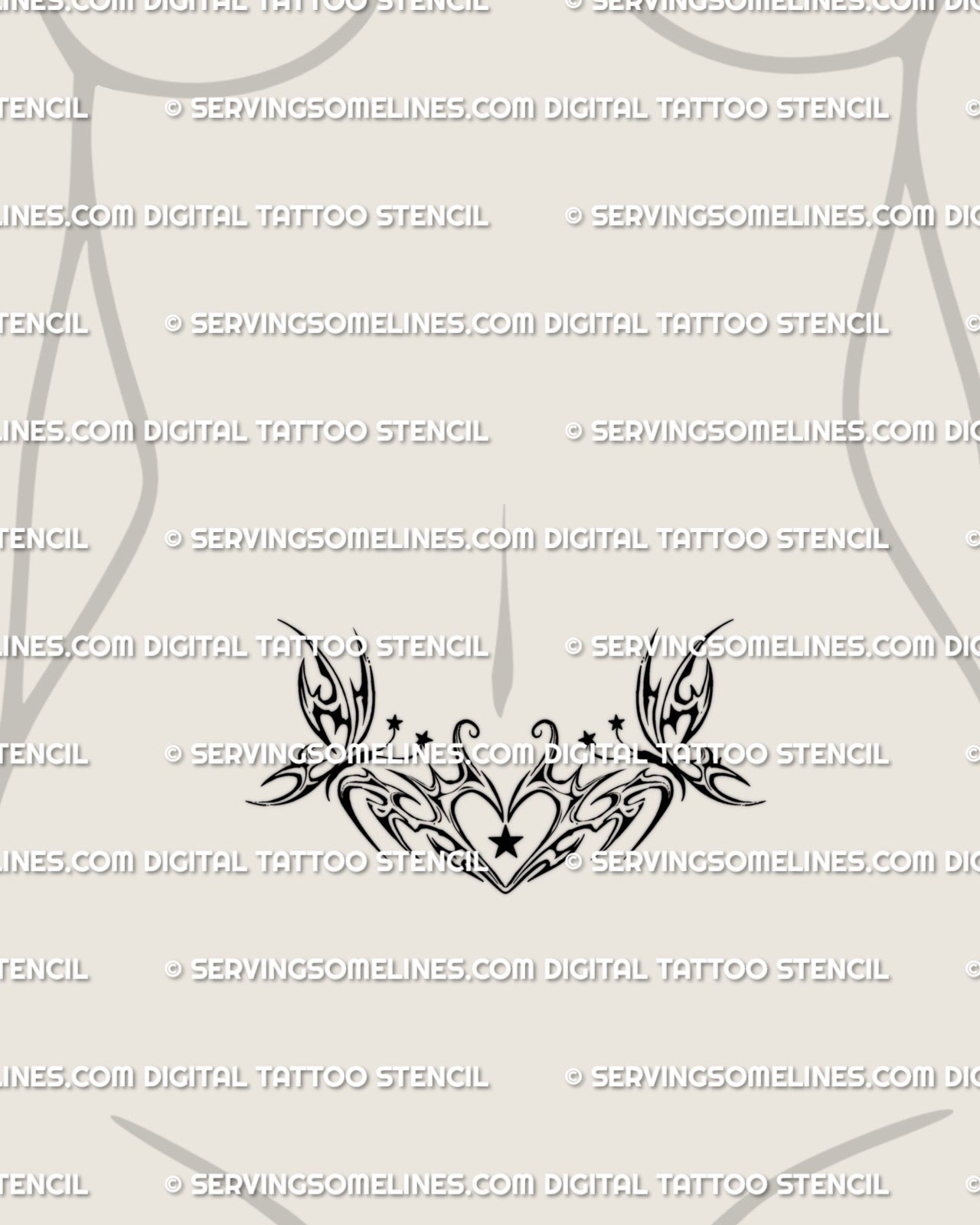 lower stomach placement showing a butterfly tribal heart womb tattoo with Y2K star detailing shaped to follow the belly’s natural curve