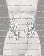 Lower stomach cybersigilism waist tattoo front view with heart cut-outs, thin curves, and feminine hip placement.