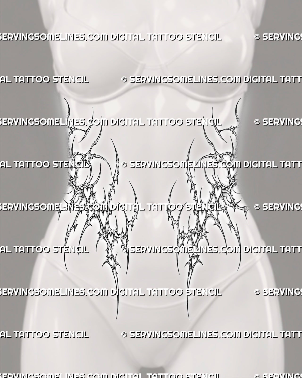 Lower stomach cybersigilism waist tattoo front view with heart cut-outs, thin curves, and feminine hip placement.