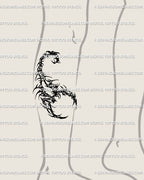 Cybersigilism scorpion tattoo design for the lower leg, neo tribal gothic scorpion with segmented armor and stinger, a cyber scorpion stencil with gothic edge.