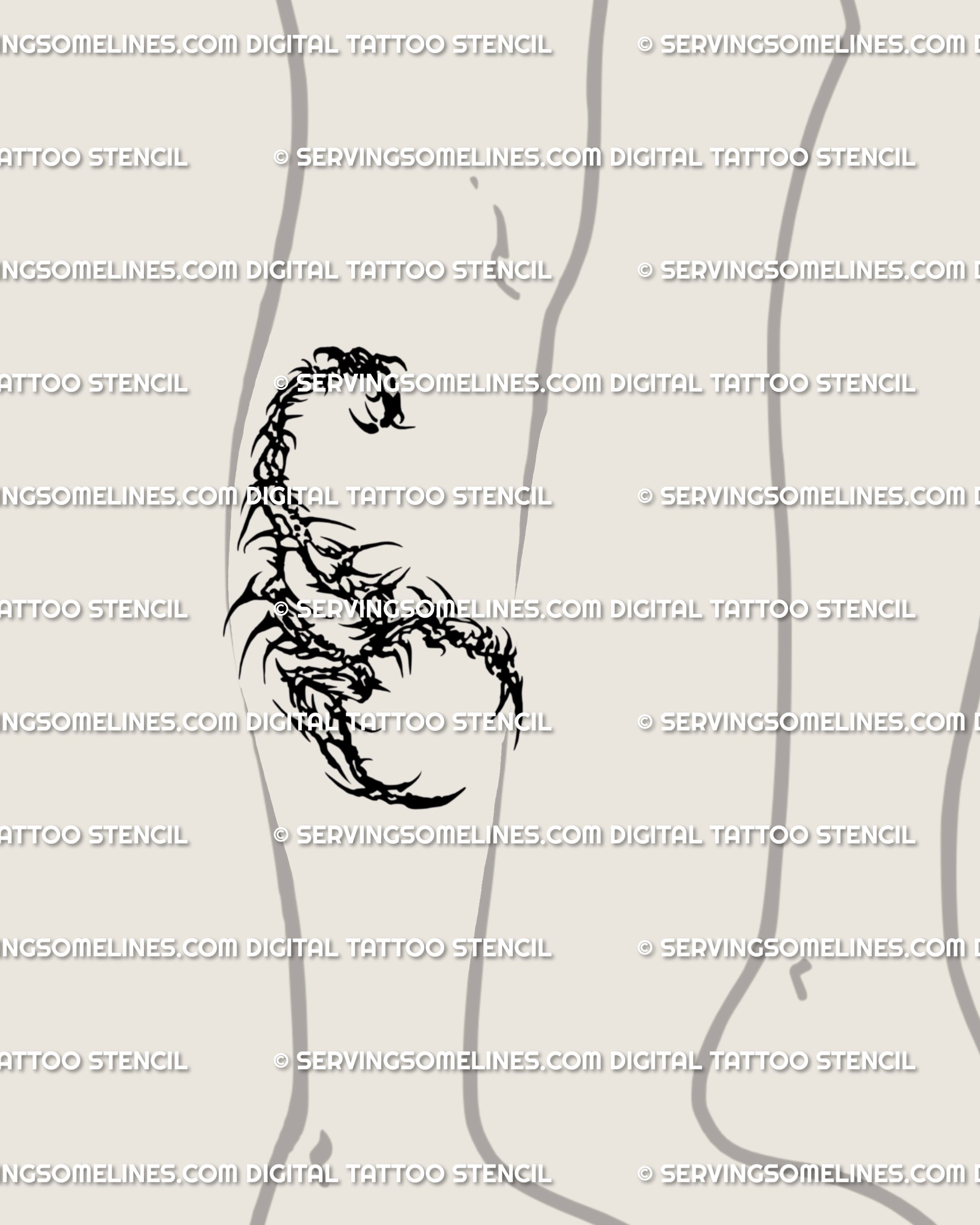 Cybersigilism scorpion tattoo design for the lower leg, neo tribal gothic scorpion with segmented armor and stinger, a cyber scorpion stencil with gothic edge.