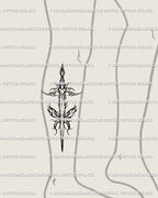 Lower leg (shin) example of a fantasy butterfly sword tattoo design—slender vertical blade, neotribal wing shapes, and crisp blackwork for readability.