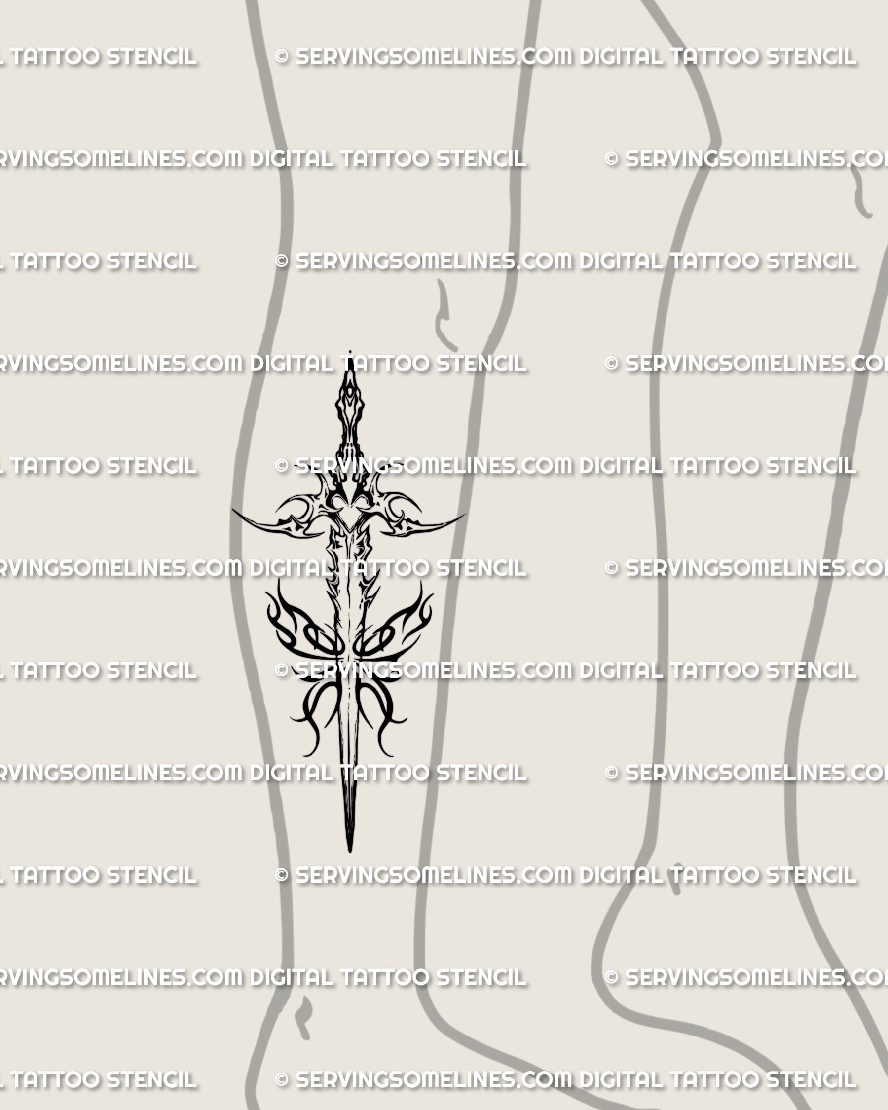 Lower leg (shin) example of a fantasy butterfly sword tattoo design—slender vertical blade, neotribal wing shapes, and crisp blackwork for readability.