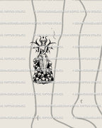 Dark fantasy tattoo art of demon girl with horns and skulls, gothic witch stencil placed on lower leg for bold horrorcore design.
