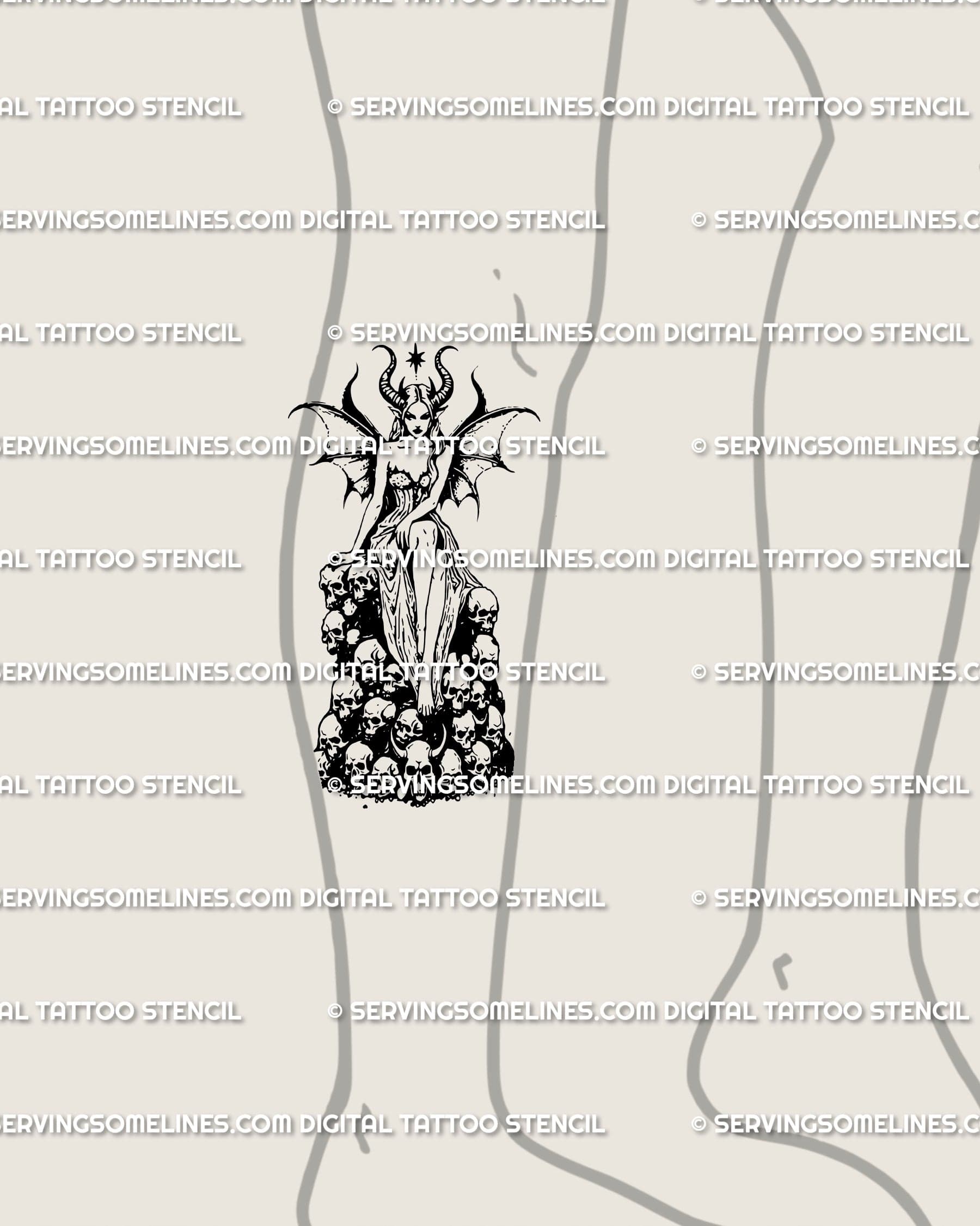 Dark fantasy tattoo art of demon girl with horns and skulls, gothic witch stencil placed on lower leg for bold horrorcore design.