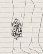 Lower leg angel tattoo flash in neotribal cyber style, gothic archangel with sword and ornamental cybersigilism wings design.