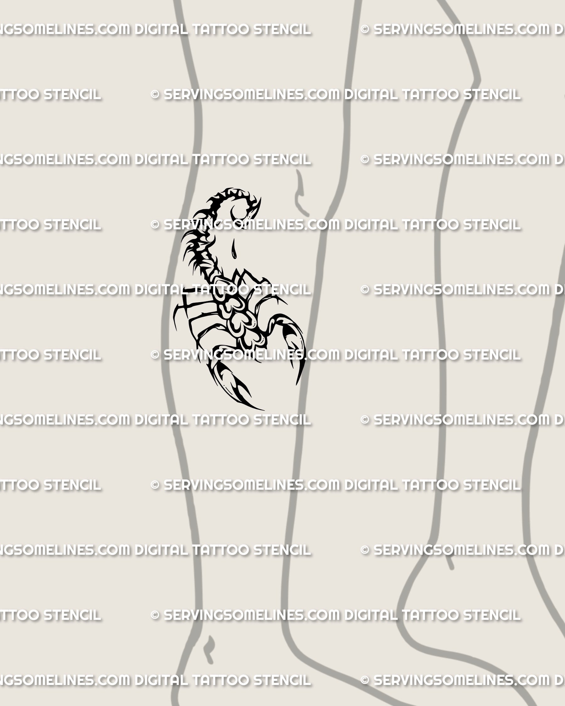 Gothic scorpion tattoo for lower side leg, heart-bodied neotribal design, girly goth stencil download with bold and protective symbolism.