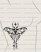 Luna moth tattoo stencil on feminine side ribs placement, long tails and darker gothic vibe, clean printable stencil file