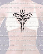 Luna moth sternum tattoo stencil placement example, centered wings and long tails for an underbust friendly moth layout