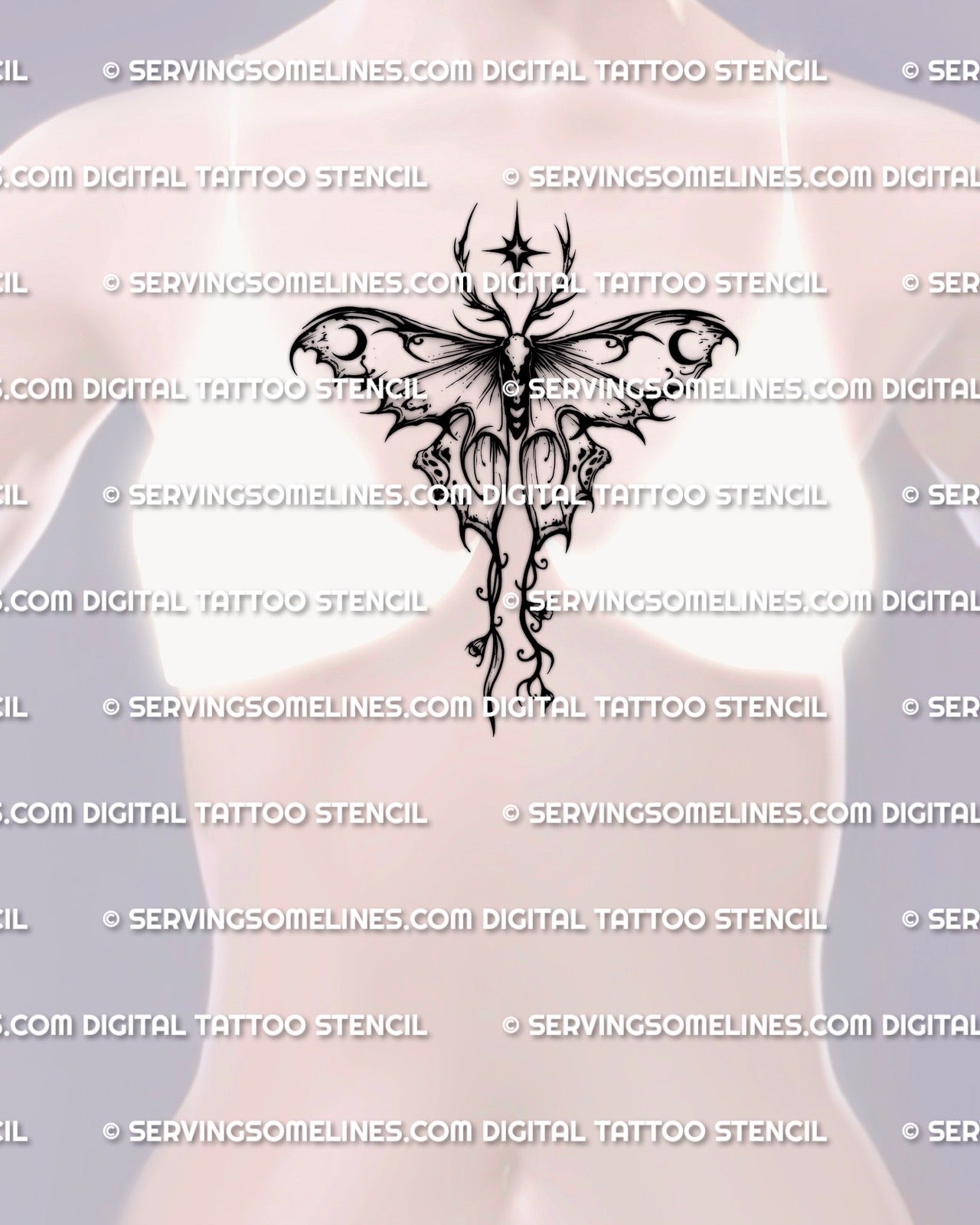 Luna moth sternum tattoo stencil placement example, centered wings and long tails for an underbust friendly moth layout