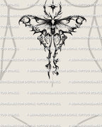 Luna moth tattoo stencil shown on womens stomach placement, darker gothic moth look with long tails and wide wings
