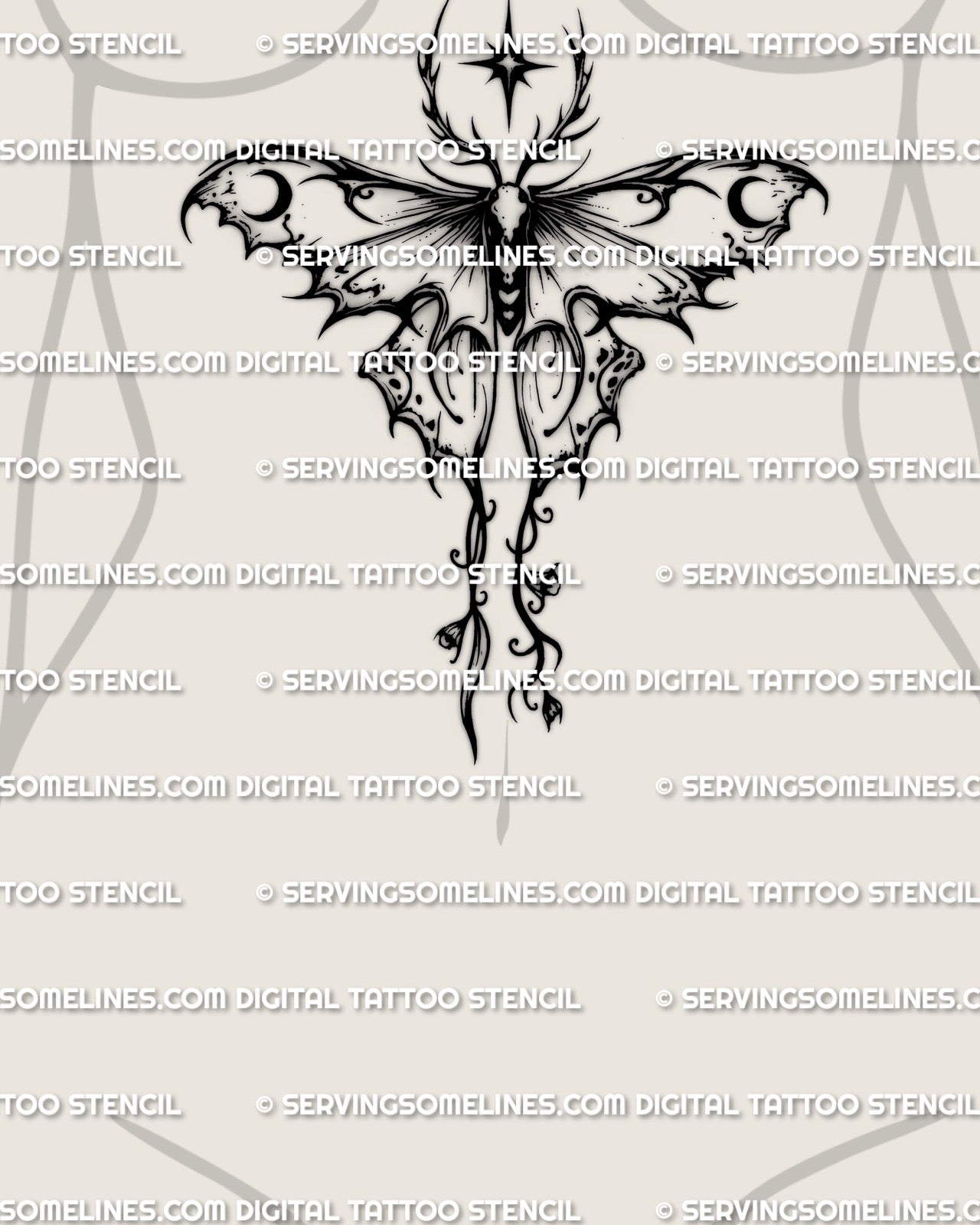 Luna moth tattoo stencil shown on womens stomach placement, darker gothic moth look with long tails and wide wings