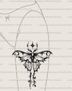 Luna moth tattoo stencil placement on thigh, bold black and grey luna moth style with sharper edges and clean shape