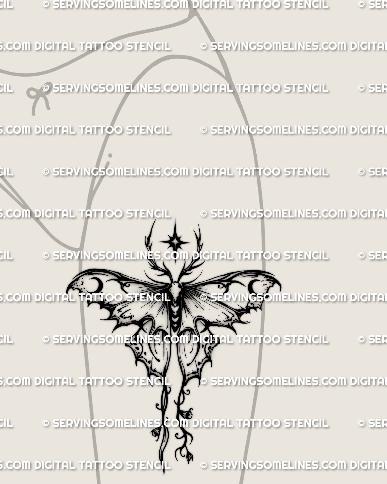 Luna moth tattoo stencil placement on thigh, bold black and grey luna moth style with sharper edges and clean shape