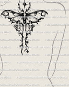 Gothic luna moth tattoo stencil on womens upper back center placement, wide wingspan and long tails, high contrast look