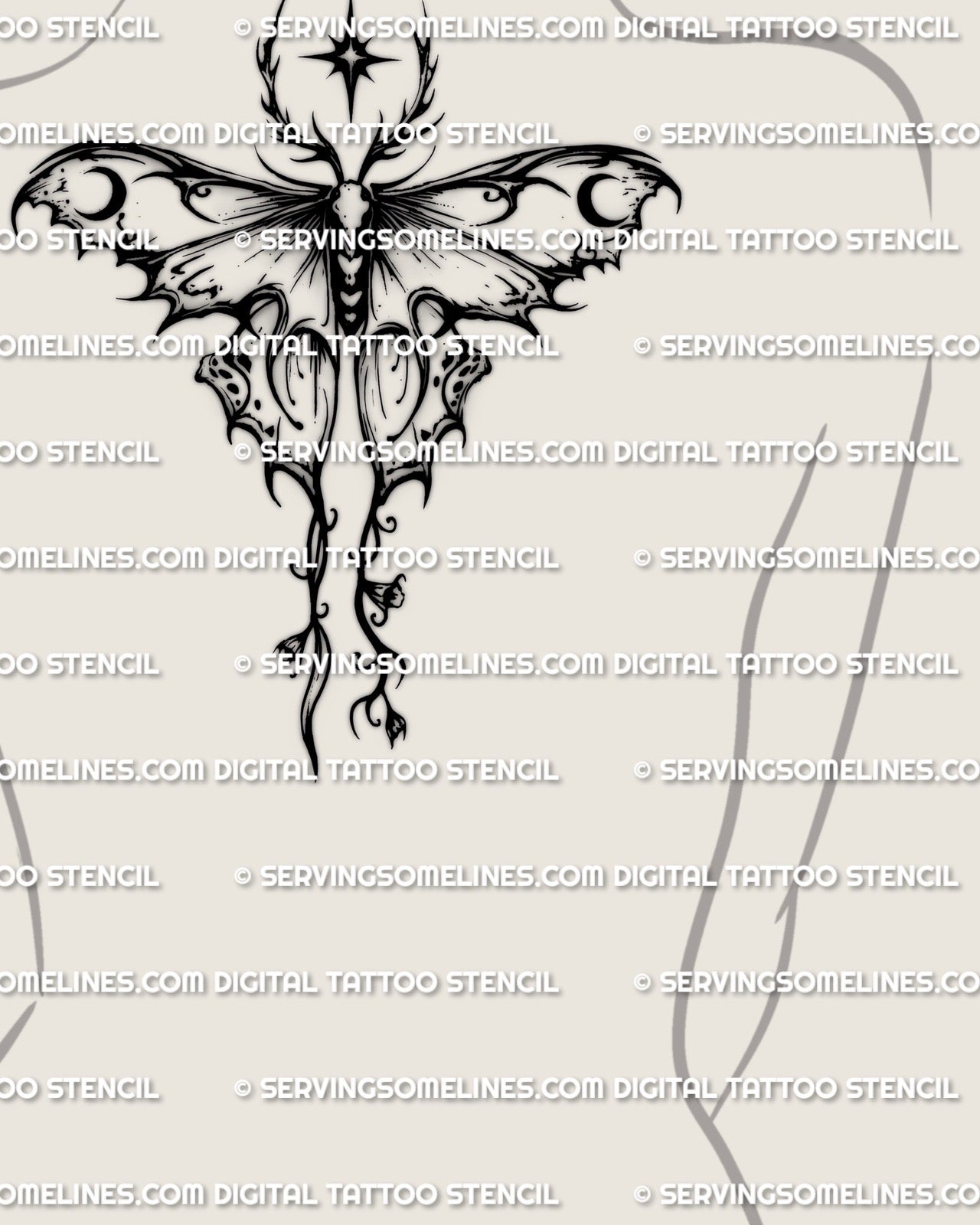 Gothic luna moth tattoo stencil on womens upper back center placement, wide wingspan and long tails, high contrast look