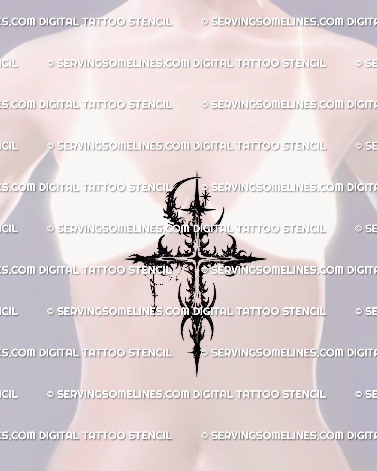 Lunar cross tattoo stencil placed on womens sternum showing centered alignment and clean ornamental detail.
