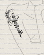 Crescent moon key tattoo shown on women’s upper arm placement, cyber tribal key silhouette with starburst center detail.