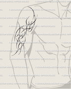 Cybersigilism neotribal tattoo pattern displayed on male arm, bold blackwork lines forming futuristic tribal half sleeve design. 