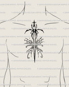 Male chest centerpiece tattoo idea — medium-size spider dagger with butterfly web wings; gothic sword symmetry across the pecs, ready for blackwork or fine-line execution.