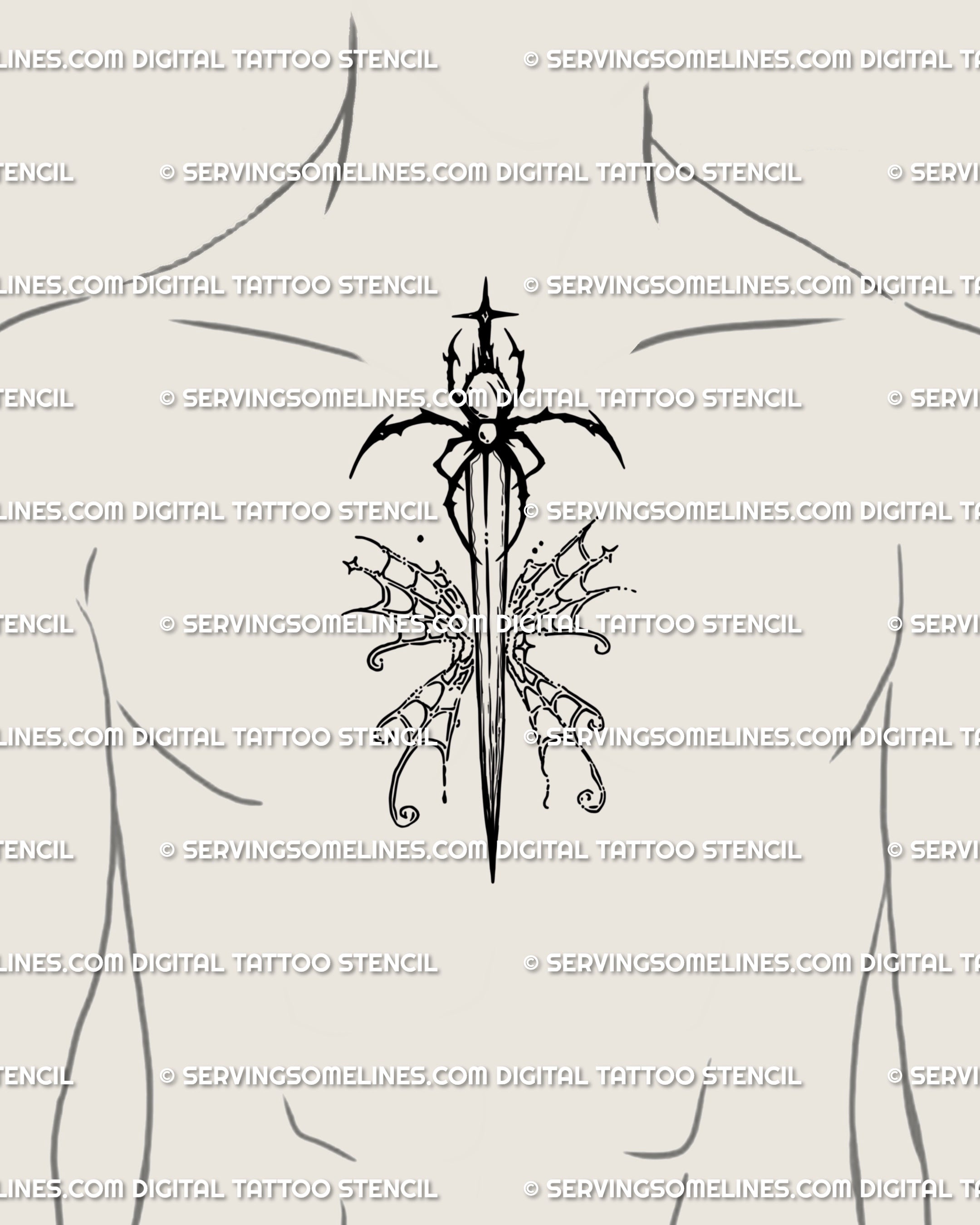 Male chest centerpiece tattoo idea — medium-size spider dagger with butterfly web wings; gothic sword symmetry across the pecs, ready for blackwork or fine-line execution.