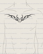 Cyber sigilism flaming heart tattoo idea on male chest, bold neotribal heart with spiked horns and flame symmetry.